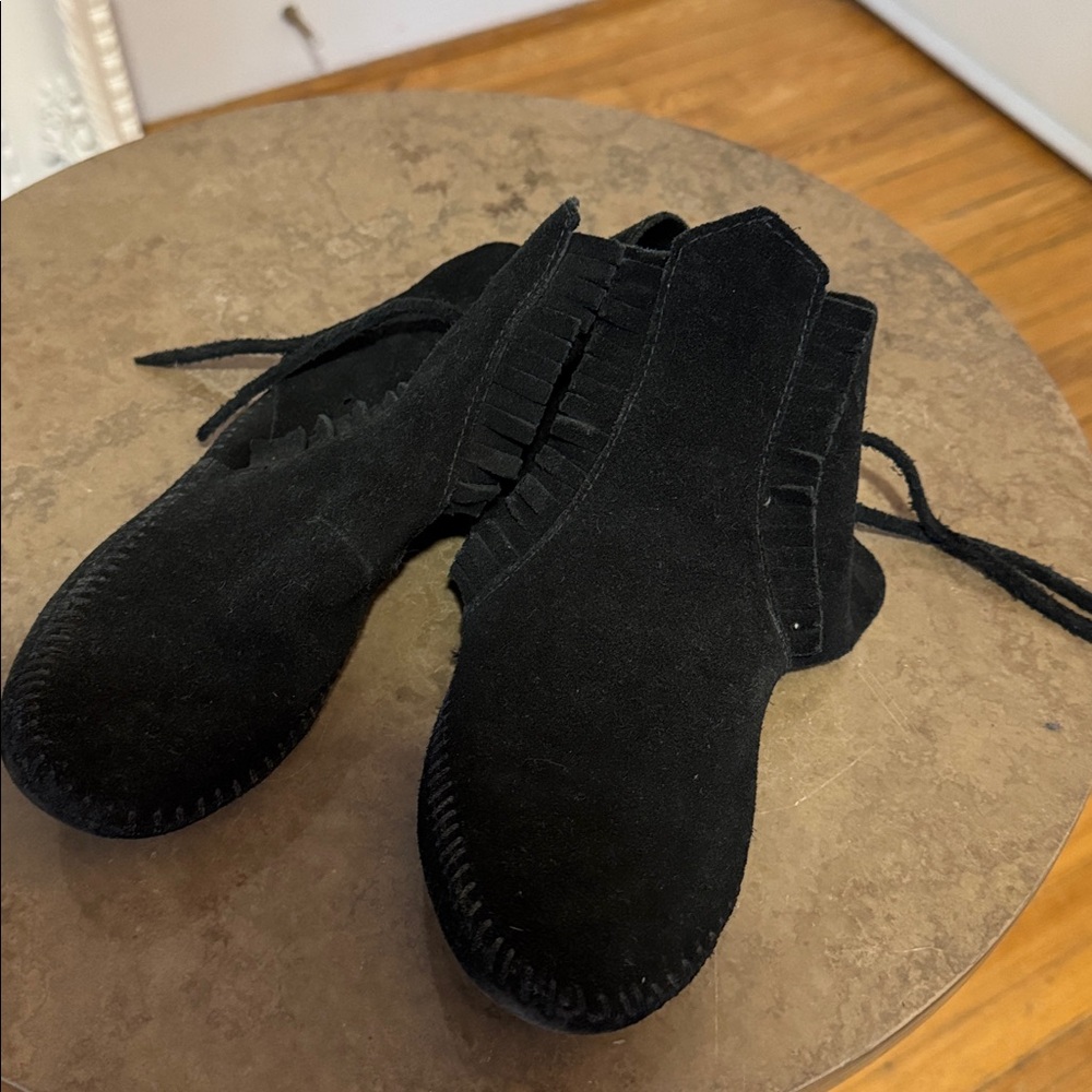 Minnetonka Black Suede Fringe Moccasins